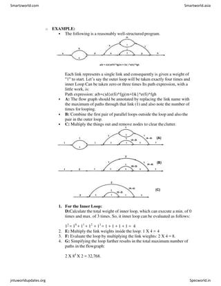 o EXAMPLE:
 The following is a reasonably well-structured program.
Each link represents a single link and consequently is given a weight of
"1" to start. Let’s say the outer loop will be taken exactly four times and
inner Loop Can be taken zero or three times Its path expression, with a
little work, is:
Path expression: a(b+c)d{e(fi)*fgj(m+l)k}*e(fi)*fgh
 A: The flow graph should be annotated by replacing the link name with
the maximum of paths through that link (1) and also note the number of
times for looping.
 B: Combine the first pair of parallel loops outside the loop and also the
pair in the outer loop.
 C: Multiply the things out and remove nodes to clear theclutter.
1. For the Inner Loop:
D:Calculate the total weight of inner loop, which can execute a min. of 0
times and max. of 3 times. So, it inner loop can be evaluated as follows:
13
= 10
+ 11
+ 12
+ 13
= 1 + 1 + 1 + 1 = 4
2. E: Multiply the link weights inside the loop: 1 X 4 = 4
3. F: Evaluate the loop by multiplying the link wieghts: 2 X 4 = 8.
4. G: Simpifying the loop further results in the total maximum number of
paths in the flowgraph:
2 X 84
X 2 = 32,768.
Smartzworld.com Smartworld.asia
jntuworldupdates.org Specworld.in
 