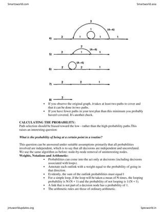  If you observe the original graph, it takes at least two paths to cover and
that it can be done in two paths.
 If you have fewer paths in your test plan than this minimum you probably
haven't covered. It's another check.
CALCULATING THE PROBABILITY:
Path selection should be biased toward the low - rather than the high-probability paths.This
raises an interesting question:
What is the probability of being at a certain point in a routine?
This question can be answered under suitable assumptions primarily that all probabilities
involved are independent, which is to say that all decisions are independent and uncorrelated.
We use the same algorithm as before: node-by-node removal of uninteresting nodes.
Weights, Notations and Arithmetic:
 Probabilities can come into the act only at decisions (including decisions
associated with loops).
 Annotate each outlink with a weight equal to the probability of going in
that direction.
 Evidently, the sum of the outlink probabilities must equal1
 For a simple loop, if the loop will be taken a mean of N times, the looping
probability is N/(N + 1) and the probability of not looping is 1/(N +1).
 A link that is not part of a decision node has a probability of 1.
 The arithmetic rules are those of ordinaryarithmetic.
Smartzworld.com Smartworld.asia
jntuworldupdates.org Specworld.in
 