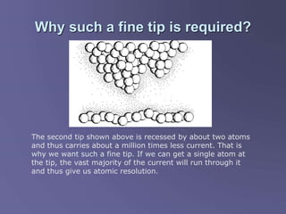 Why such a fine tip is required?
The second tip shown above is recessed by about two atoms
and thus carries about a million times less current. That is
why we want such a fine tip. If we can get a single atom at
the tip, the vast majority of the current will run through it
and thus give us atomic resolution.
 