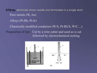 STM tip: atomically sharp needle and terminates in a single atom
Pure metals (W, Au)
Alloys (Pt-Rh, Pt-Ir)
Chemically modified conductor (W/S, Pt-Rh/S, W/C…)
Preparation of tips: Cut by a wire cutter and used as is cut
followed by electrochemical etching
 
