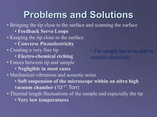Problems and Solutions
• Bringing the tip close to the surface and scanning the surface
• Feedback Servo Loops
• Keeping the tip close to the surface
• Converse Piezoelectricity
• Creating a very fine tip
• Electro-chemical etching
• Forces between tip and sample
• Negligible in most cases
• Mechanical vibrations and acoustic noise
• Soft suspension of the microscope within an ultra high
vacuum chamber (10-11 Torr)
• Thermal length fluctuations of the sample and especially the tip
• Very low temperatures
• The sample has to be able to
conduct electricity
 