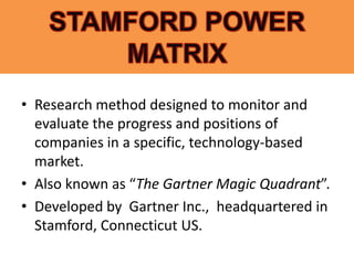 • Research method designed to monitor and
  evaluate the progress and positions of
  companies in a specific, technology-based
  market.
• Also known as “The Gartner Magic Quadrant”.
• Developed by Gartner Inc., headquartered in
  Stamford, Connecticut US.
 