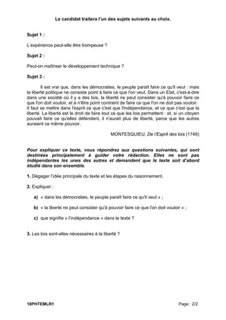 18PHTEMLR1 Page : 2/2
Le candidat traitera l’un des sujets suivants au choix.
Sujet 1 :
L’expérience peut-elle être trompe...