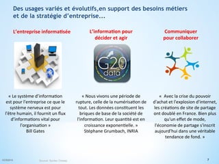 «	
  Le	
  système	
  d’informa(on	
  
est	
  pour	
  l'entreprise	
  ce	
  que	
  le	
  
système	
  nerveux	
  est	
  pour	
  
l'être	
  humain,	
  il	
  fournit	
  un	
  ﬂux	
  
d’informa(ons	
  vital	
  pour	
  
l'organisa(on	
  »	
  
Bill	
  Gates	
  
«	
  Nous	
  vivons	
  une	
  période	
  de	
  
rupture,	
  celle	
  de	
  la	
  numérisa(on	
  de	
  
tout.	
  Les	
  données	
  cons(tuent	
  les	
  
briques	
  de	
  base	
  de	
  la	
  société	
  de	
  
l'informa(on.	
  Leur	
  quan(té	
  est	
  en	
  
croissance	
  exponen(elle.	
  »	
  	
  
Stéphane	
  Grumbach,	
  INRIA	
  
L’entreprise	
  informa/sée	
   L’informa/on	
  pour	
  
décider	
  et	
  agir	
  
Communiquer	
  
pour	
  collaborer	
  
«	
  	
  Avec	
  la	
  crise	
  du	
  pouvoir	
  
d'achat	
  et	
  l'explosion	
  d'internet,	
  
les	
  créa(ons	
  de	
  site	
  de	
  partage	
  
ont	
  doublé	
  en	
  France.	
  Bien	
  plus	
  
qu'un	
  eﬀet	
  de	
  mode,	
  
l'économie	
  de	
  partage	
  s'inscrit	
  
aujourd'hui	
  dans	
  une	
  véritable	
  
tendance	
  de	
  fond.	
  »	
  
7©CR2015 Source: Syntec Onisep
Des usages variés et évolutifs,en support des besoins métiers
et de la stratégie d’entreprise...
 
