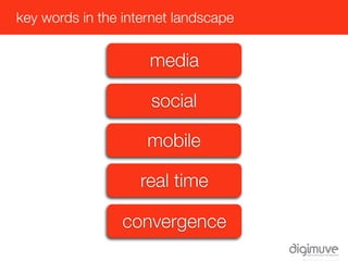 key words in the internet landscape


                     media

                     social

                     mobile

                   real time

                 convergence
 