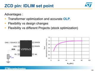 ZCD pin: IDLIM set point
Advantages :
 Transformer optimization and accurate OLP.
 Flexibility vs design changes
 Flexibility vs different Projects (stock optimization)

                                                                               1.2




                                          (Normalized to IDLIM whitout RLIM)
                                                                               1.0
GND / SOURCE              DRAIN
                                                                               0.8
        VDD               DRAIN
                                  IDLIM

                                                                               0.6
      ZCD       VIPERx5
                                                                               0.4

           FB             BR                                                   0.2
    RLIM
                                                                               0.0
                                                                                     0   20   40           60   80   100

                                                                                                   RLIM [K ]



                                                                                                                           109
 