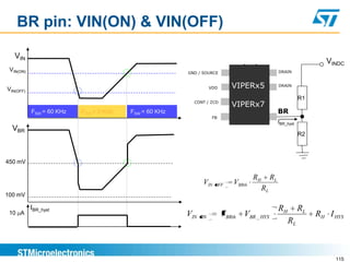 BR pin: VIN(ON) & VIN(OFF)

   VIN
                                                                                                                      VINDC
 VIN(ON)                                               GND / SOURCE                                DRAIN



VIN(OFF)                                                          VDD      VIPERx5                 DRAIN


                                                                                                              R1
                                                         CONT / ZCD
                                                                           VIPERx7
           FSW = 60 KHz   FSW = 0 KHz   FSW = 60 KHz                                               BR
                                                                   FB
                                                                                                   IBR_hyst
  VBR
                                                                                                              R2



450 mV

                                                                                    RH        RL
                                                              VIN   OFF     VBRth
                                                                                         RL
100 mV

           IBR_hyst                                                                                RH         RL
 10 A                                                  VIN   ON         VBRth VBR _ HYS                            RH I HYS
                                                                                                        RL



                                                                                                                        115
 