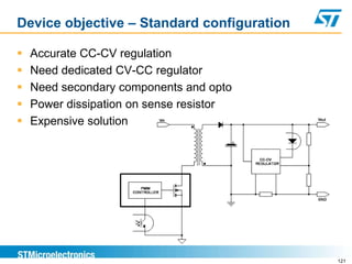 Device objective – Standard configuration

   Accurate CC-CV regulation
   Need dedicated CV-CC regulator
   Need secondary components and opto
   Power dissipation on sense resistor
   Expensive solution




                                            121
 