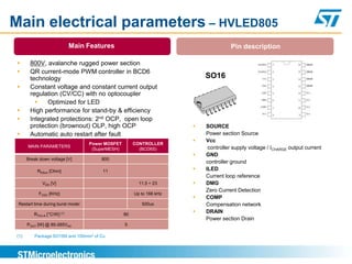 Main electrical parameters – HVLED805
                              Main Features                                             Pin description

       800V, avalanche rugged power section
       QR current-mode PWM controller in BCD6
        technology                                                            SO16
       Constant voltage and constant current output
        regulation (CV/CC) with no optocoupler
             Optimized for LED
       High performance for stand-by & efficiency
       Integrated protections: 2nd OCP, open loop
        protection (brownout) OLP, high OCP                                  SOURCE
       Automatic auto restart after fault                                    Power section Source
                                                                             Vcc
                                      Power MOSFET        CONTROLLER
       MAIN PARAMETERS                                                         controller supply voltage / ICHARGE output current
                                       (SuperMESH)          (BCD6S)
                          Main parameters                                    GND
       Break down voltage [V]             800
                                                                              controller ground
            RDSon [Ohm]                    11                                ILED
                                                                              Current loop reference
              VDD [V]                                       11.5 ÷ 23        DMG
                                                                              Zero Current Detection
            FOSC [KHz]                                    Up to 166 kHz
                                                                             COMP
 Restart time during burst    mode(                          500us            Compensation network
          RTHJ-A [°C/W] (1)                          80
                                                                             DRAIN
                                                                              Power section Drain
       POUT [W] @ 85-265VAC                          5

 (1)      Package SO16N and 100mm2 of Cu
 