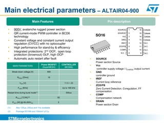 Main electrical parameters – ALTAIR04-900
                              Main Features                                            Pin description

       900V, avalanche rugged power section                                                     SOURCE     1         16   DRAIN

       QR current-mode PWM controller in BCD6                                                   SOURCE     2         15   DRAIN
        technology                                                           SO16                     Vcc   3         14   DRAIN

       Constant voltage and constant current output                                                 GND    4         13   DRAIN
                                                                                                     IREF   5         12
        regulation (CV/CC) with no optocoupler                                                                             N.C.
                                                                                                   ZCD/FB   6         11   N.C.
       High performance for stand-by & efficiency
                                                                                                    COMP    7         10   N.C.
       Integrated protections: 2nd OCP, open loop                                                  N.C.    8          9   N.C.
        protection (brownout) OLP, high OCP
       Automatic auto restart after fault                                  SOURCE
                                                                             Power section Source
                                     Power MOSFET        CONTROLLER         Vcc
       MAIN PARAMETERS
                                      (SuperMESH)          (BCD6S)
                          Main parameters                                     controller supply voltage / ICHARGE output current
       Break down voltage [V]              900                              GND
                                                                             controller ground
            RDSon [Ohm]                    16
                                                                            IREF
              VDD [V]                                      11.5 ÷ 23         Current loop reference
                                                                            ZCD/FB
            FOSC [KHz]                                   Up to 166 kHz       Zero Current Detection, Cvregulation, FF
                                                                             compensation
 Restart time during burst mode(1)                          500us
                                                                            COMP
          RTHJ-A [°C/W] (2)                         50                       Compensation network
       POUT [W] @ 85-265VAC                         5                       DRAIN
                                                                             Power section Drain
 (1)       Also 125us, 250us and 1ms available
 (2)       Package SO16N and 100mm2 of Cu
 