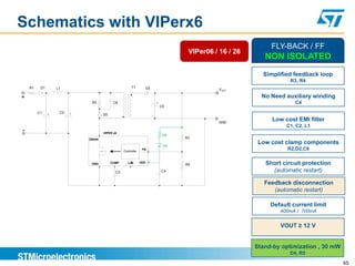 Schematics with VIPerx6
                                                                                                         FLY-BACK / FF
                                                                                VIPer06 / 16 / 26
                                                                                                       NON ISOLATED
                                                                                                      Simplified feedback loop
                                                                                                                R3, R4
    R1    D1       L1                                  T1       D3                        VOUT

+                                                                                                     No Need auxiliary winding
                              R2           C6                        +                                            C4
                                                                         C5
         C1    +    C2   +           D2

                                                                                         GND
                                                                                                         Low cost EMI filter
                                                                                                               C1, C2, L1
-                                    VIPER x6
                                                                          R5
                             DRAIN                                             R3

                                                                          D4
                                                                                                     Low cost clamp components
                                                 Controller
                                                               FB                                              R2,D2,C6

                              GND         COMP      LIM       VDD
                                                                               R4                      Short circuit protection
                                            C3                           C4                              (automatic restart)

                                                                                                       Feedback disconnection
                                                                                                          (automatic restart)

                                                                                                         Default current limit
                                                                                                            400mA / 700mA


                                                                                                            VOUT ≥ 12 V


                                                                                                    Stand-by optimization , 30 mW
                                                                                                                D4, R5

                                                                                                                                    65
 