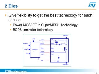 2 Dies

 Give flexibility to get the best technology for each
  section
    Power MOSFET in SuperMESH Technology
    BCD6 controller technology
                                                      DRAIN

                    VDD
                                Out    Out


           BR/EPT             On-Off   On/Off



                               Gate    Gate
           CONT     CONTROL
                              Sense    Sense
              FB               Tmp1    Tmp1




                               Gnd     Gnd1     Gnd


                                                      SOURCE




                                                               81
 