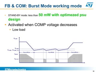 FB & COM: Burst Mode working mode

   STAND-BY mode: less than 50   mW with optimezed psu
  design
 Activated when COMP voltage decreases
     Low load




                                                          98
 