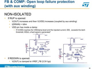 FB & COMP: Open loop failure protection
(with aux winding)

NON-ISOLATED
   If RUP is opened:
      V(OUT) increases and then V(VDD) increases (coupled by aux winding)
      I(DRAIN) = Idlim
      VDD pin has inside a clamp:
          If V(VDD) reaches the VDDclamp level and the injected current, IDD, exceeds the latch
           threshold, IDDol, a fault signal is generated*




   If RDOWN is opened:
      V(OUT) is clamped to VREF_FB (3.3V typ)


                                                                                                   99
 