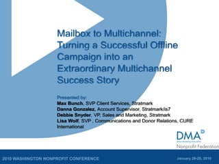 Mailbox to Multichannel:   Turning a Successful Offline Campaign into an  Extraordinary Multichannel  Success StoryPresented by:Max Bunch, SVP Client Services, Stratmark Danna Gonzalez, Account Supervisor, Stratmark/is7Debbie Snyder, VP, Sales and Marketing, StratmarkLisa Wolf, SVP , Communications and Donor Relations, CURE International 2010 WASHINGTON NONPROFIT CONFERENCE January 28-29, 2010 