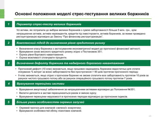 2 Комплексний підхід до визначення рівня кредитного ризику
• Визначення класу боржника з застосуванням економетричної моделі до прогнозної фінансової звітності;
• Врахування ознак високого кредитного ризику згідно з Постановою 351;
• Оцінка рівня боргового навантаження;
• Оцінка можливості сплачувати проценти.
3 Визначення дефолту боржника та надмірного боргового навантаження
• Прогнозний дефолт (10 клас) визнається, якщо грошових надходжень боржника недостатньо для сплати
очікуваних % витрат за всією заборгованістю без прострочення > 90 днів протягом прогнозного періоду;
• 9 клас визнається, якщо згідно з прогнозом боржник не зможе сплатити всю заборгованість протягом 10 років за
рахунок чистого грошового потоку або за рахунок операційного грошового потоку протягом 7 років.
• Врахування амортизації забезпечення за непрацюючими активами відповідно до Положення №351;
• Валютні депозити в заставі переоцінюються разом зі зміною курсу;
• Врахування переоцінки нерухомості в прогнозних періодах відповідно до прогнозних індексів.
Основні положення моделі стрес-тестування великих боржників
1 Периметр стрес-тесту великих боржників
Усі активи, які потрапили до вибірки великих боржників з сумою заборгованості більше 5 млн. грн., крім:
непрацюючих активів, активів нерезидентів, кредитів під інвестпроекти, активів боржників, за якими проведено
реструктуризацію відповідно до Закону “Про фінансову реструктуризацію”.
5 Більше уваги особливостям окремих галузей
• Окремий прогноз для компаній «зеленої» енергетики;
• Врахування особливостей обліку лізингових компаній.
4 Врахування переоцінки застави
10
 