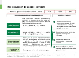 (+) ЧИСТИЙ ДОХІД
(-) СОБІВАРТІСТЬ
(+/-) Інші операційні
доходи та витрати
(+/-) Інші доходи та
витрати
Прогноз звіту про фінансовий результат Прогноз балансу
𝑺 𝒕 = 𝑺 𝒕−𝟏× 𝟏 + ∆𝑸 𝒕 × 𝟏 + ∆𝑷𝒔 𝒕
𝑪𝑶𝑮𝑺 𝒕 = (𝑪𝑶𝑮𝑺𝒕−𝟏 −𝑫𝑨𝒕−𝟏) × 𝟏 + ∆𝑸 𝒕 ×
× 𝟏 + ∆𝑷𝒄𝒐𝒈𝒔 𝒕 + 𝐷𝐴 𝑡 − 𝐼𝑟𝑒𝑣 𝑡
Розрахунок за єдиним підходом для всіх
галузей. Умовно-змінні витрати та доходи
– прогноз як % від чистого доходу,
умовно-постійні витрати – зміна на рівні
інфляції. Коригуються на валютні
складові та одноразові витрати/доходи.
Враховується вплив змін валютних курсів.
Припущення незмінної
оборотність активів. Поточні
активи та пасиви балансу
переважно залежать від зміни
доходів та витрат.
1
2
Фінансовий результат
враховується у власному
капіталі.
Враховується зміна валютних
курсів за монетарними
статтями.
3
Погашення боргу за діючим
графіком, враховуючи прогнозні
грошові потоки.
4
Прогноз фінансової звітності на 3 роки 2019 2020 2021
Для однорідних галузей визначаються
фактори, які впливають на ціни продукції
(Ps), ціни складових собівартості (Pcogs)
та на обсяги виробництва (Q)*.
Прогнозування фінансової звітності
*∆𝑃𝑠𝑡 − зміна фактору цін на продукцію; ∆𝑄𝑡 – зміна фактору обсягу виробництва; ∆𝑃𝑐𝑜𝑔𝑠𝑡 − зміна фактору цін елементів
собівартості; 𝐷𝐴 𝑡 – амортизація; 𝐼𝑟𝑒𝑣 𝑡 – вплив переоцінки запасів
12
 