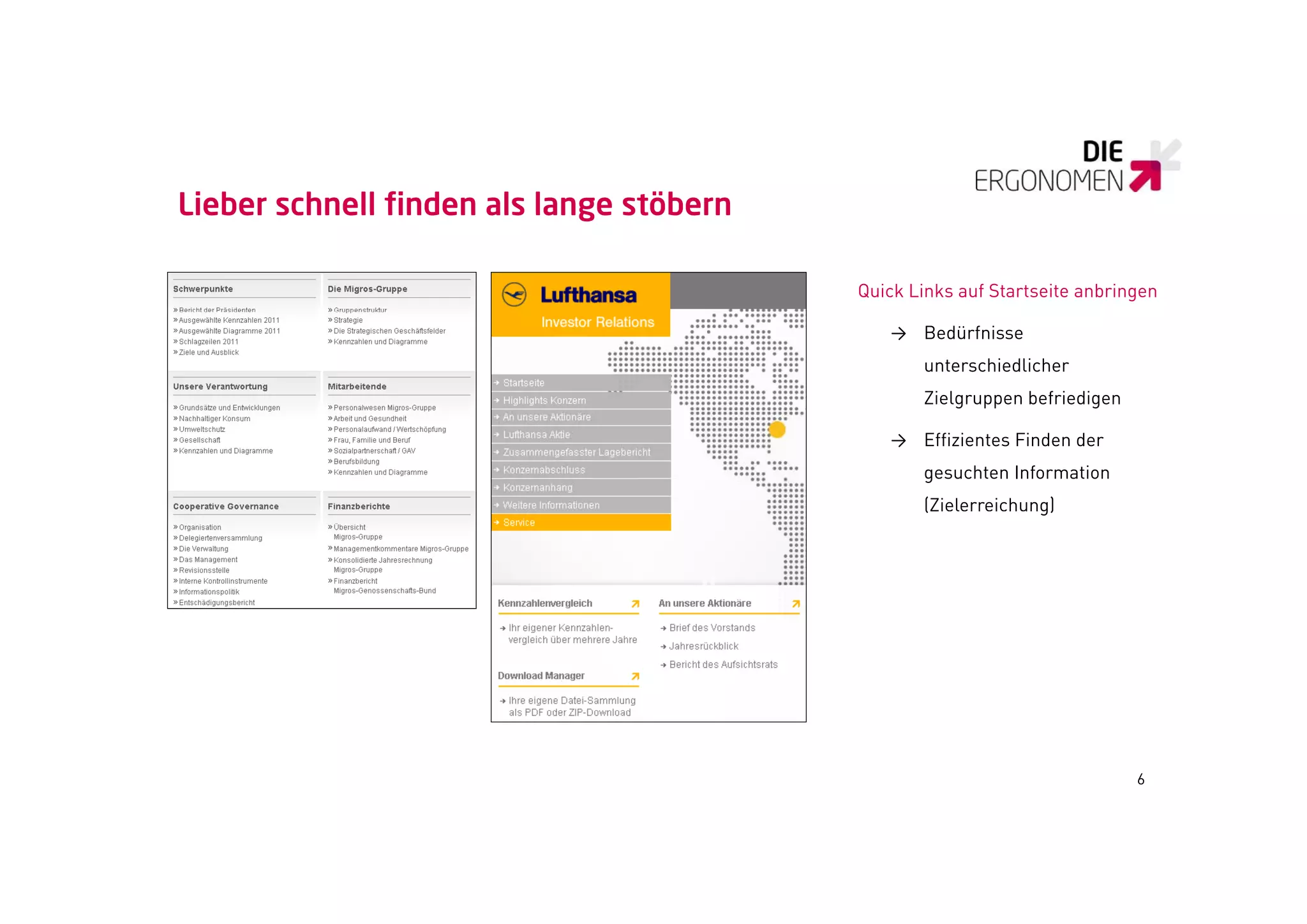 Lieber schnell finden als lange stöbern

                                          Quick Links auf Startseite anbringen

                                             → Bedürfnisse
                                                 unterschiedlicher
                                                 Zielgruppen befriedigen

                                             → Effizientes Finden der
                                                 gesuchten Information
                                                 (
                                                 (Zielerreichung)
                                                               g)




                                                                           6
 
