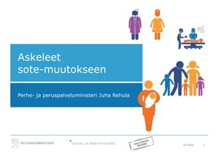 9.9.2016 1
Askeleet
sote-muutokseen
Perhe- ja peruspalveluministeri Juha Rehula
 