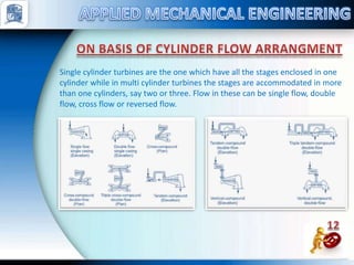 Single cylinder turbines are the one which have all the stages enclosed in one
cylinder while in multi cylinder turbines the stages are accommodated in more
than one cylinders, say two or three. Flow in these can be single flow, double
flow, cross flow or reversed flow.
 