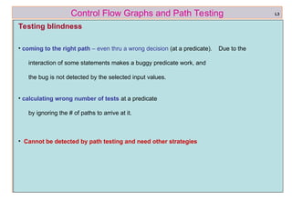 ref boris beizer 39
Control Flow Graphs and Path Testing
Testing blindness
• coming to the right path – even thru a wrong decision (at a predicate). Due to the
interaction of some statements makes a buggy predicate work, and
the bug is not detected by the selected input values.
• calculating wrong number of tests at a predicate
by ignoring the # of paths to arrive at it.
• Cannot be detected by path testing and need other strategies
L3
 