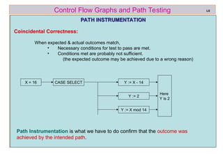 ref boris beizer 51
Control Flow Graphs and Path Testing
PATH INSTRUMENTATION
PATH INSTRUMENTATION
Coincidental Correctness:
When expected & actual outcomes match,
• Necessary conditions for test to pass are met.
• Conditions met are probably not sufficient.
(the expected outcome may be achieved due to a wrong reason)
L6
X = 16 CASE SELECT Y := X - 14
Here
Y is 2
Y := 2
Y := X mod 14
Path Instrumentation is what we have to do confirm that the outcome was
achieved by the intended path.
 