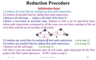 Reduction Procedure
21
Initialization Steps:
1.Combine all serial links by multiplying their path expressions.
2.Combine all parallel links by adding their path expressions.
3.Remove all self-loops - replace with links of the form X*
4.Select a non-initial & non-final node. Replace it with a set of equivalent links,
whose path expressions correspond to all the ways you can form a product of the set
of in-links with the set of out-links of that node.
5.Combine any serial links by multiplying their path expressions. ( as in step 1)
6.Combine any parallel links by adding their path expressions. ( as in step 2)
7.Remove all the self-loops. ( as in step 3)
8.IF there’s just one node between entry & exit nodes, path expression for the flow
graph is the link’s path expression. ELSE, return to step 4.
April 22, 2025 STM(Unit 3) : Dr. B.Rajalingam
1 2 3
5
4
a b
f
c
g
e
d
 