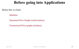 Before going into Applications
31
Before that, we learn:
Identities
Structured Flow Graphs (code/routines)
Unstructured Flow graphs (routines)
April 22, 2025 STM(Unit 3) : Dr. B.Rajalingam
 