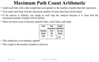 Maximum Path Count Arithmetic
• Label each link with a link weight that corresponds to the number of paths that link represents.
• Also mark each loop with the maximum number of times that loop can be taken.
• If the answer is infinite, you might as well stop the analysis because it is clear that the
maximum number of paths will be infinite.
• There are three cases of interest: parallel links, serial links, and loops
• This arithmetic is an ordinary algebra.
• The weight is the number of paths in each set.
April 22, 2025 STM(Unit 3) : Dr. B.Rajalingam 38
 