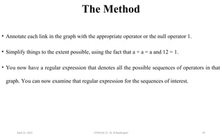 The Method
• Annotate each link in the graph with the appropriate operator or the null operator 1.
• Simplify things to the extent possible, using the fact that a + a = a and 12 = 1.
• You now have a regular expression that denotes all the possible sequences of operators in that
graph. You can now examine that regular expression for the sequences of interest.
April 22, 2025 STM(Unit 3) : Dr. B.Rajalingam 49
 