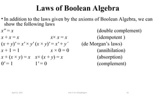 62
Laws of Boolean Algebra
• In addition to the laws given by the axioms of Boolean Algebra, we can
show the following laws
x'' = x (double complement)
x + x = x x× x = x (idempotent )
(x + y)' = x' × y' (x × y)' = x' + y’ (de Morgan’s laws)
x + 1 = 1 x × 0 = 0 (annihilation)
x + (x × y) = x x× (x + y) = x (absorption)
0' = 1 1' = 0 (complement)
April 22, 2025 Unit 3: Dr. B.Rajalingam
 