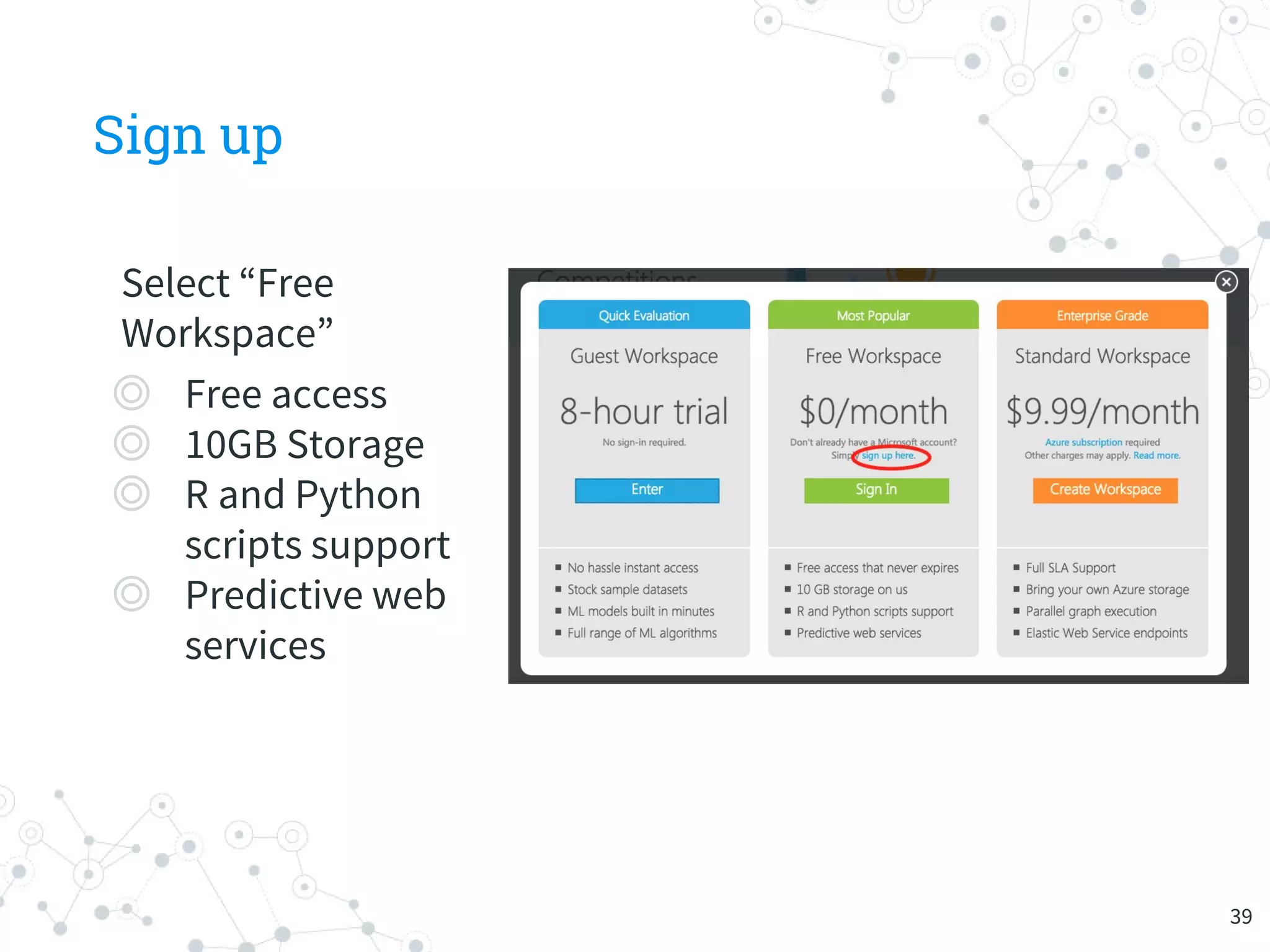 Sign up
Select “Free
Workspace”
◎ Free access
◎ 10GB Storage
◎ R and Python
scripts support
◎ Predictive web
services
39
 