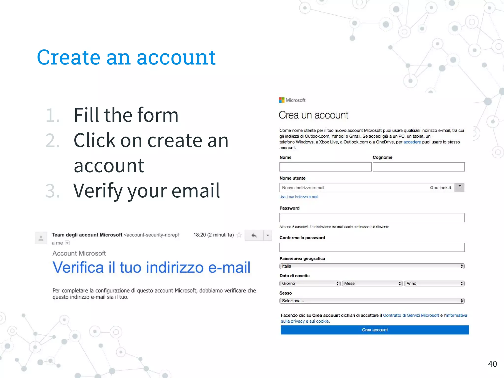 Create an account
1. Fill the form
2. Click on create an
account
3. Verify your email
40
 