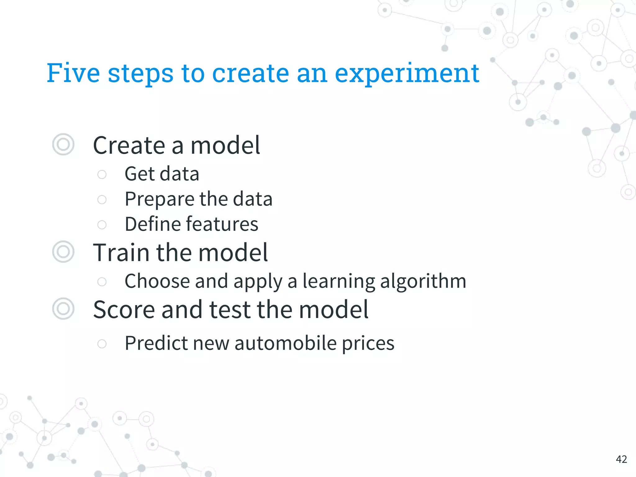Five steps to create an experiment
◎ Create a model
○ Get data
○ Prepare the data
○ Define features
◎ Train the model
○ Choose and apply a learning algorithm
◎ Score and test the model
○ Predict new automobile prices
42
 