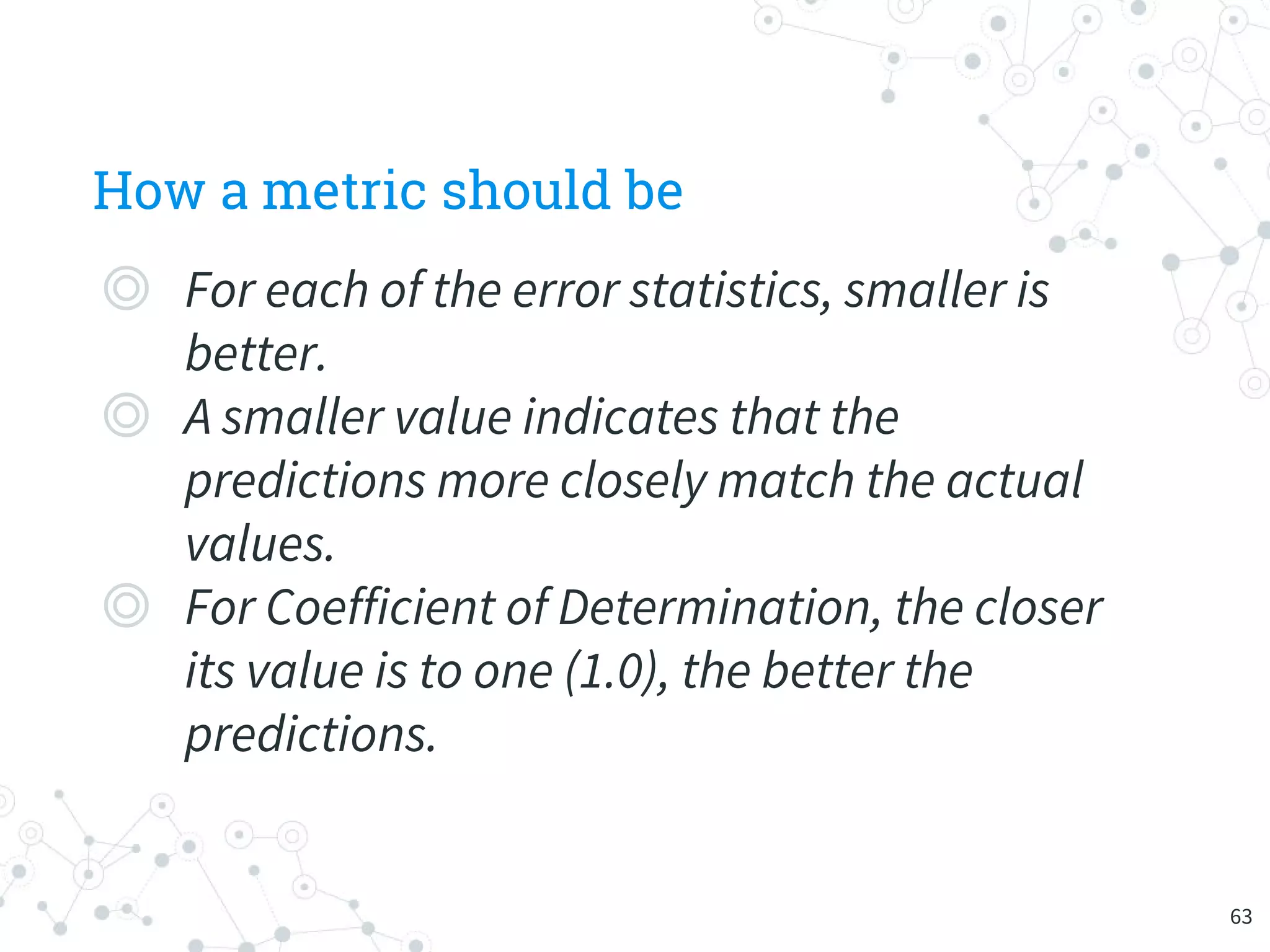 How a metric should be
◎ For each of the error statistics, smaller is
better.
◎ A smaller value indicates that the
predictions more closely match the actual
values.
◎ For Coefficient of Determination, the closer
its value is to one (1.0), the better the
predictions.
63
 