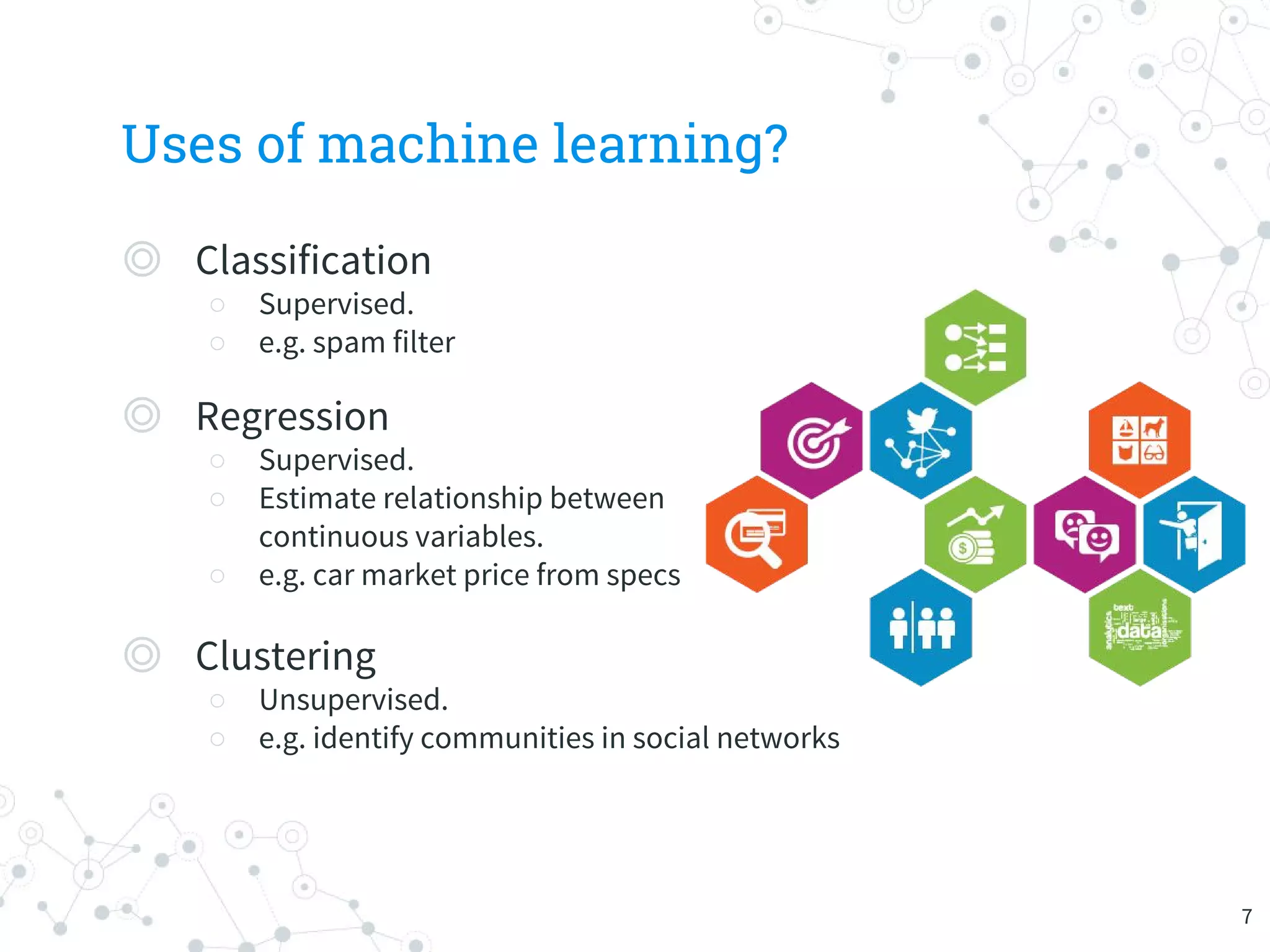 Uses of machine learning?
◎ Classification
○ Supervised.
○ e.g. spam filter
◎ Regression
○ Supervised.
○ Estimate relationship between
continuous variables.
○ e.g. car market price from specs
◎ Clustering
○ Unsupervised.
○ e.g. identify communities in social networks
7
 