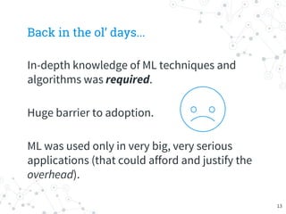 Back in the ol’ days...
In-depth knowledge of ML techniques and
algorithms was required.
Huge barrier to adoption.
ML was used only in very big, very serious
applications (that could afford and justify the
overhead).
13
 