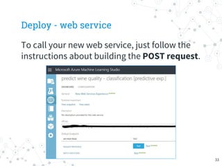 Deploy - web service
To call your new web service, just follow the
instructions about building the POST request.
33
 