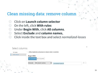 Clean missing data: remove column
◎ Click on Launch column selector
◎ On the left, click With rules
◎ Under Begin With, click All columns.
◎ Select Exclude and column names,
◎ Click inside the text box and select normalized-losses
50
 
