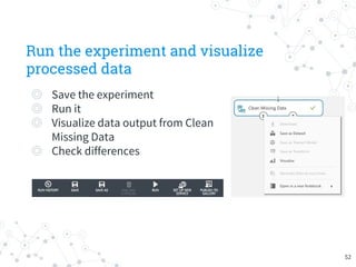 Run the experiment and visualize
processed data
◎ Save the experiment
◎ Run it
◎ Visualize data output from Clean
Missing Data
◎ Check differences
52
 