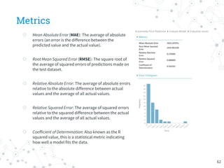 Metrics
◎ Mean Absolute Error (MAE): The average of absolute
errors (an error is the difference between the
predicted value and the actual value).
◎ Root Mean Squared Error (RMSE): The square root of
the average of squared errors of predictions made on
the test dataset.
◎ Relative Absolute Error: The average of absolute errors
relative to the absolute difference between actual
values and the average of all actual values.
◎ Relative Squared Error: The average of squared errors
relative to the squared difference between the actual
values and the average of all actual values.
◎ Coefficient of Determination: Also known as the R
squared value, this is a statistical metric indicating
how well a model fits the data.
62
 