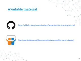 Available material
https://github.com/giacomolanciano/Azure-Machine-Learning-tutorial
70
http://www.slideshare.net/GiacomoLanciano/azure-machine-learning-tutorial
 