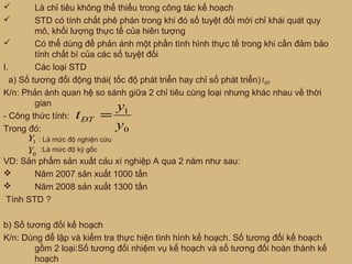  Là chỉ tiêu không thể thiếu trong công tác kế hoạch
 STD có tính chất phê phán trong khi đó số tuyệt đối mới chỉ khái quát quy
mô, khối lượng thực tế của hiên tượng
 Có thể dùng để phản ánh một phần tình hình thực tế trong khi cần đảm bảo
tính chất bí của các số tuyệt đối
I. Các loại STD
a) Số tương đối động thái( tốc độ phát triển hay chỉ số phát triển)
K/n: Phản ánh quan hệ so sánh giữa 2 chỉ tiêu cùng loại nhưng khác nhau về thời
gian
- Công thức tính:
Trong đó:
: Là mức độ nghiện cứu
:Là mức độ kỳ gốc
VD: Sản phẩm sản xuất cảu xí nghiệp A qua 2 năm như sau:
 Năm 2007 sản xuất 1000 tấn
 Năm 2008 sản xuất 1300 tấn
Tính STD ?
b) Số tương đối kế hoạch
K/n: Dùng để lập và kiểm tra thực hiện tình hình kế hoạch. Số tương đối kế hoạch
gồm 2 loại:Số tương đối nhiệm vụ kế hoạch và số tương đối hoàn thành kế
hoạch
0
1
y
y
tĐT =
1Y
0Y
ĐTt
 
