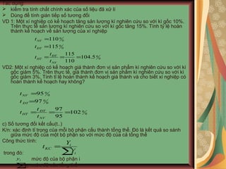 Tác dụng:
 kiểm tra tính chất chính xác của số liệu đã xử lí
 Dùng để tính gián tiếp số tương đối
VD 1: Một xí nghiệp có kế hoạch tăng sản lượng kì nghiên cứu so với kì gốc 10%.
Trên thực tế sản lượng kì nghiên cứu so với kì gốc tăng 15%. Tính tỷ lệ hoàn
thành kế hoạch về sản lượng của xí nghiệp
VD2: Một xí nghiệp có kế hoạch giá thành đơn vị sản phẩm kì nghiên cứu so với kì
gốc giảm 5%. Trên thực tế, giá thành đơn vị sản phẩm kì nghiên cứu so với kì
gốc giảm 3%. Tính tỉ lệ hoàn thành kế hoạch giá thành và cho biết xí nghiệp có
hoàn thành kế hoạch hay không?
c) Số tương đối kết cấu(t..)
K/n: xác định tỉ trọng của mỗi bộ phận cấu thành tổng thể. Đó là kết quả so sánh
giữa mức độ của một bộ phận so với mức độ của cả tổng thể
Công thức tính:
trong đó:
mức độ của bộ phận i
mức độ của tổng thể
0
0
0
0
0
0
5.104
110
115
115
110
===
=
=
NV
ĐT
HT
ĐT
NV
t
t
t
t
t
0
0
0
0
0
0
102
95
97
97
95
===
=
=
NV
ĐT
HT
ĐT
NV
t
t
t
t
t
∑
=
i
i
KC
Y
Y
t
∑i
i
y
y
 