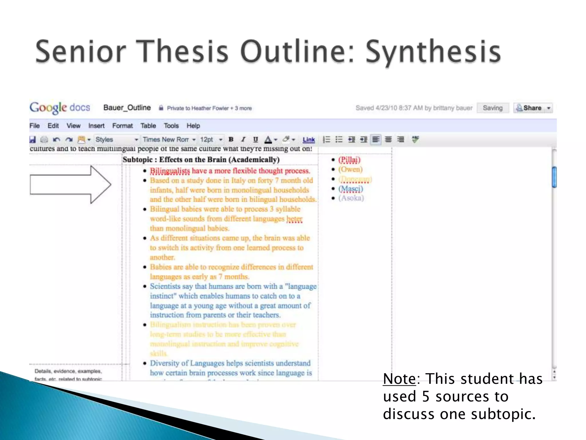 Note: This student has
used 5 sources to
discuss one subtopic.
 