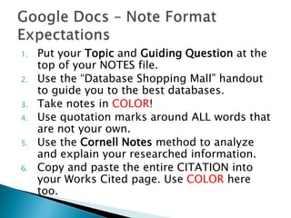 1. Put your Topic and Guiding Question at the
top of your NOTES file.
2. Use the “Database Shopping Mall” handout
to guide you to the best databases.
3. Take notes in COLOR!
4. Use quotation marks around ALL words that
are not your own.
5. Use the Cornell Notes method to analyze
and explain your researched information.
6. Copy and paste the entire CITATION into
your Works Cited page. Use COLOR here
too.
 