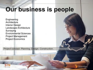Our business is people
WHO WE ARE
Engineering
Architecture
Interior Design
Landscape Architecture
Surveying
Environmental Sciences
Project Management
Project Economics
Project concept. Planning. Design. Construction. Commissioning.
 