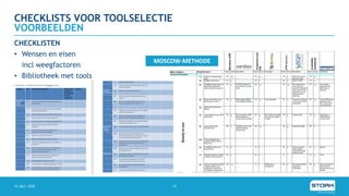 CHECKLISTS VOOR TOOLSELECTIE
15 JULY, 2020 13
VOORBEELDEN
CHECKLISTEN
• Wensen en eisen
incl weegfactoren
• Bibliotheek met tools
MOSCOW-METHODE
 