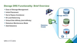  Ease of Storage Management
 Initial Placement
 Out of Space Avoidance
 IO Load Balancing
 Virtual Disk Affinity (Anti-Affinity)
 Datastore Maintenance Mode
 Add Datastore
Storage DRS Functionality: Brief Overview
Datastore
Cluster
Storage vMotion
•••
 