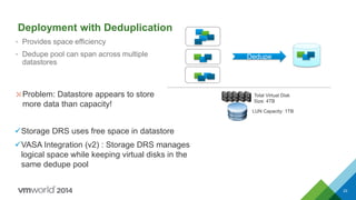 Deployment with Deduplication
• Provides space efficiency
• Dedupe pool can span across multiple
datastores
Dedupe
Storage DRS uses free space in datastore
VASA Integration (v2) : Storage DRS manages
logical space while keeping virtual disks in the
same dedupe pool
⤬Problem: Datastore appears to store
more data than capacity!
Total Virtual Disk
Size: 4TB
LUN Capacity: 1TB
23
 